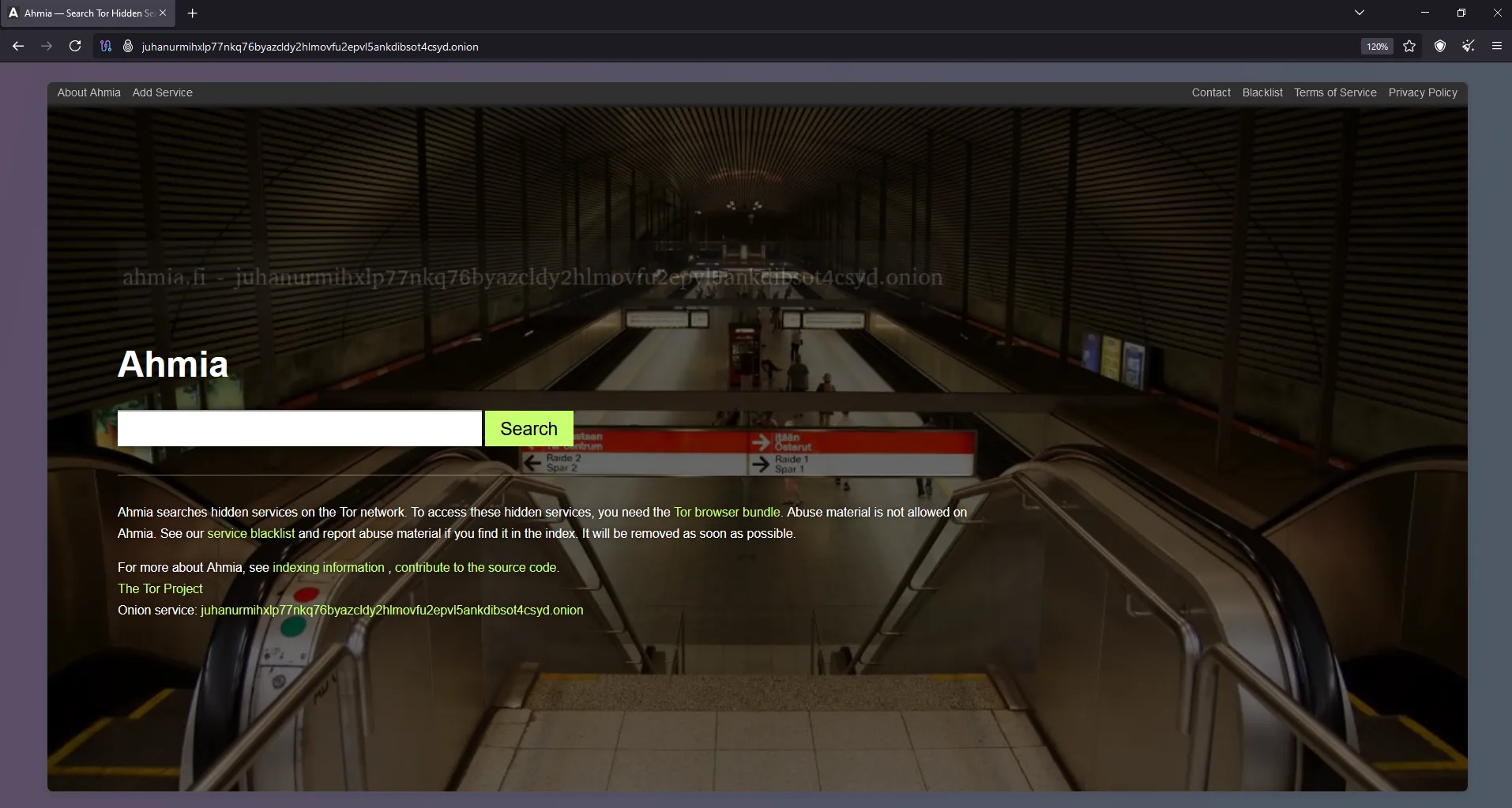 Giao diện website chính thức của Ahmia, công cụ tìm kiếm uy tín trên mạng lưới Onion