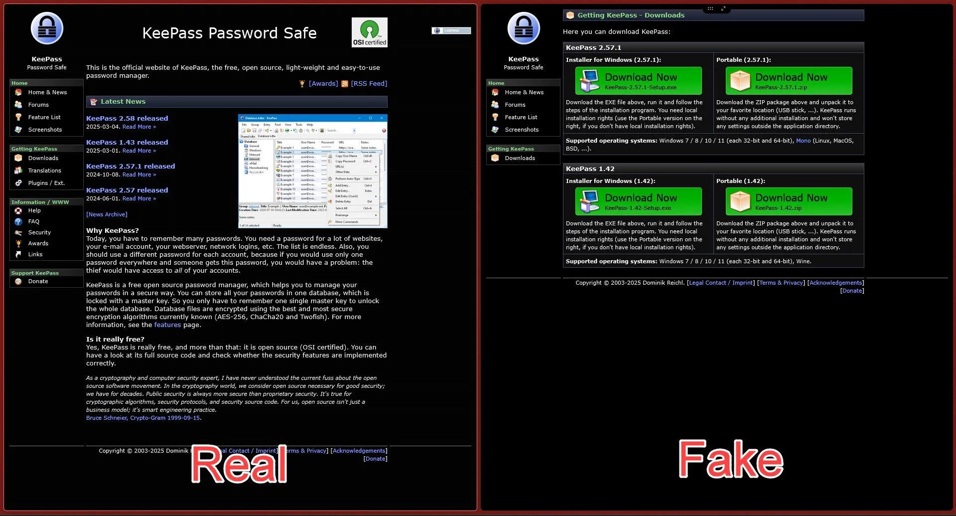 Giao diện website KeePass chính thức và website KeePass giả mạo lừa đảo đánh cắp mật khẩu