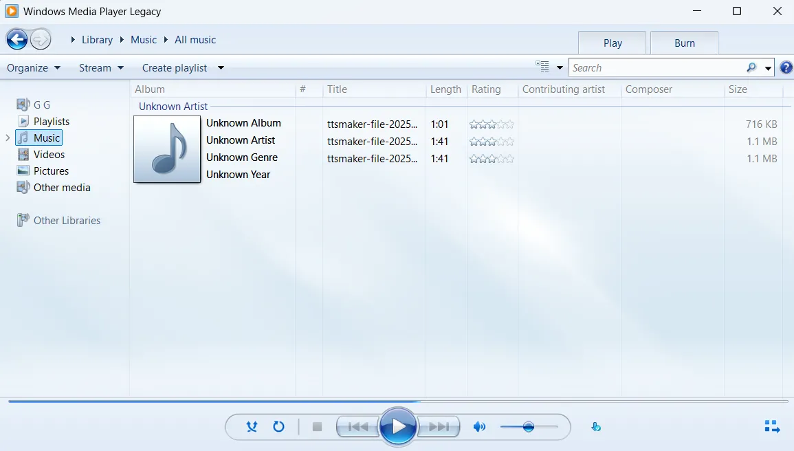 Giao diện Windows Media Player Legacy trên Windows 11, hiển thị danh sách nhạc và các tùy chọn phát lại truyền thống.