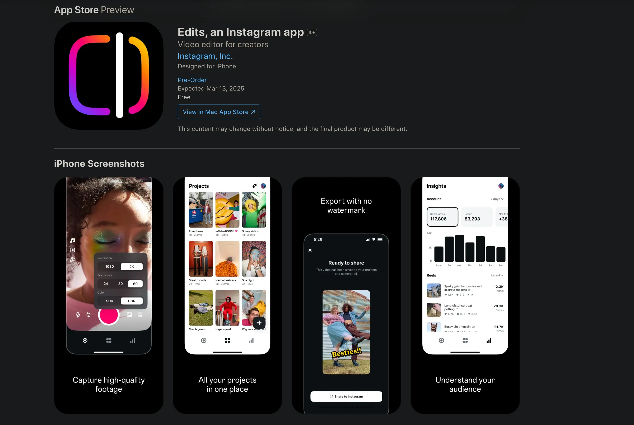 Giao diện xem trước ứng dụng Edits trên App Store, hiển thị các tính năng chỉnh sửa video
