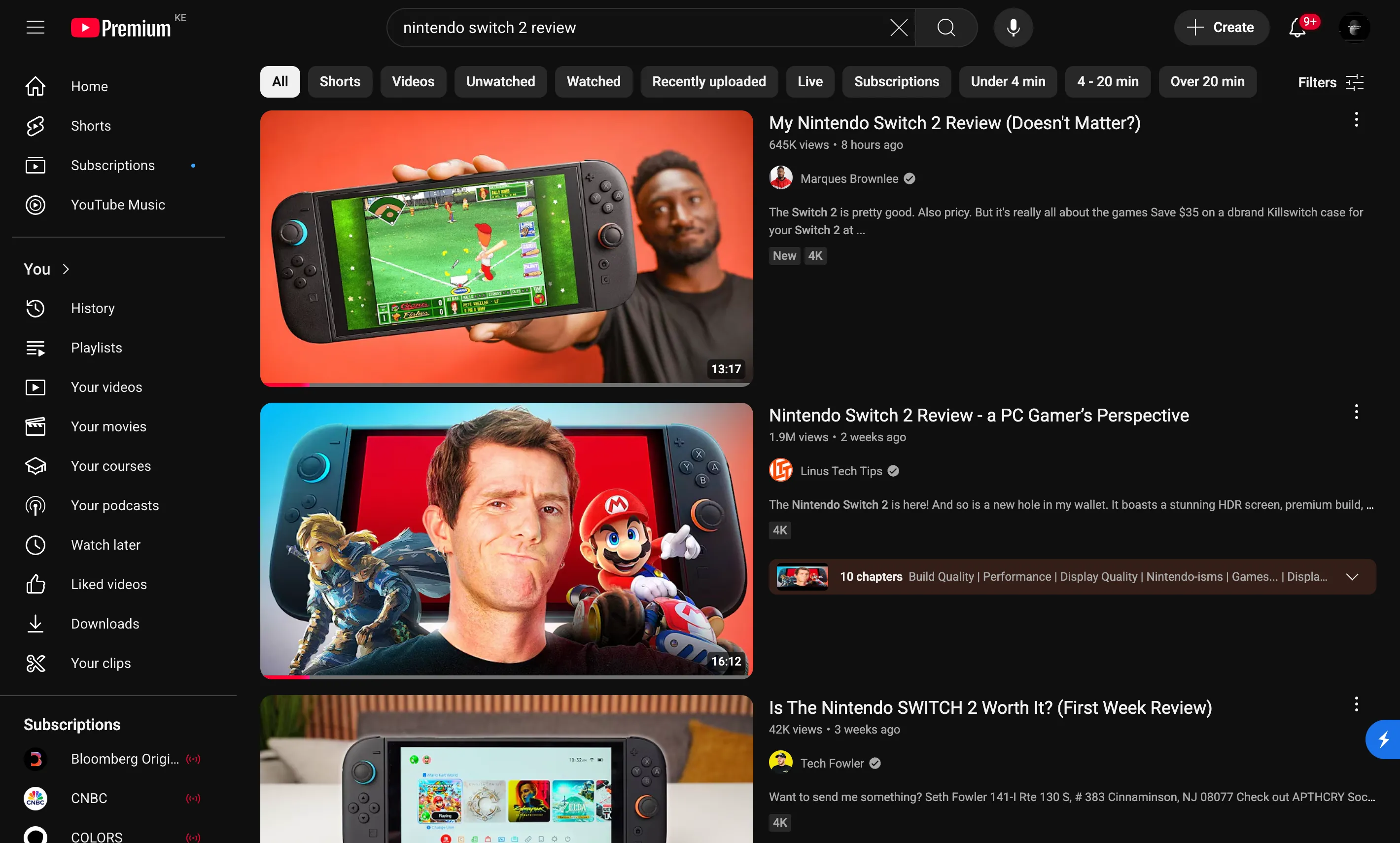 Giao diện YouTube hiển thị các video đánh giá sản phẩm công nghệ chi tiết