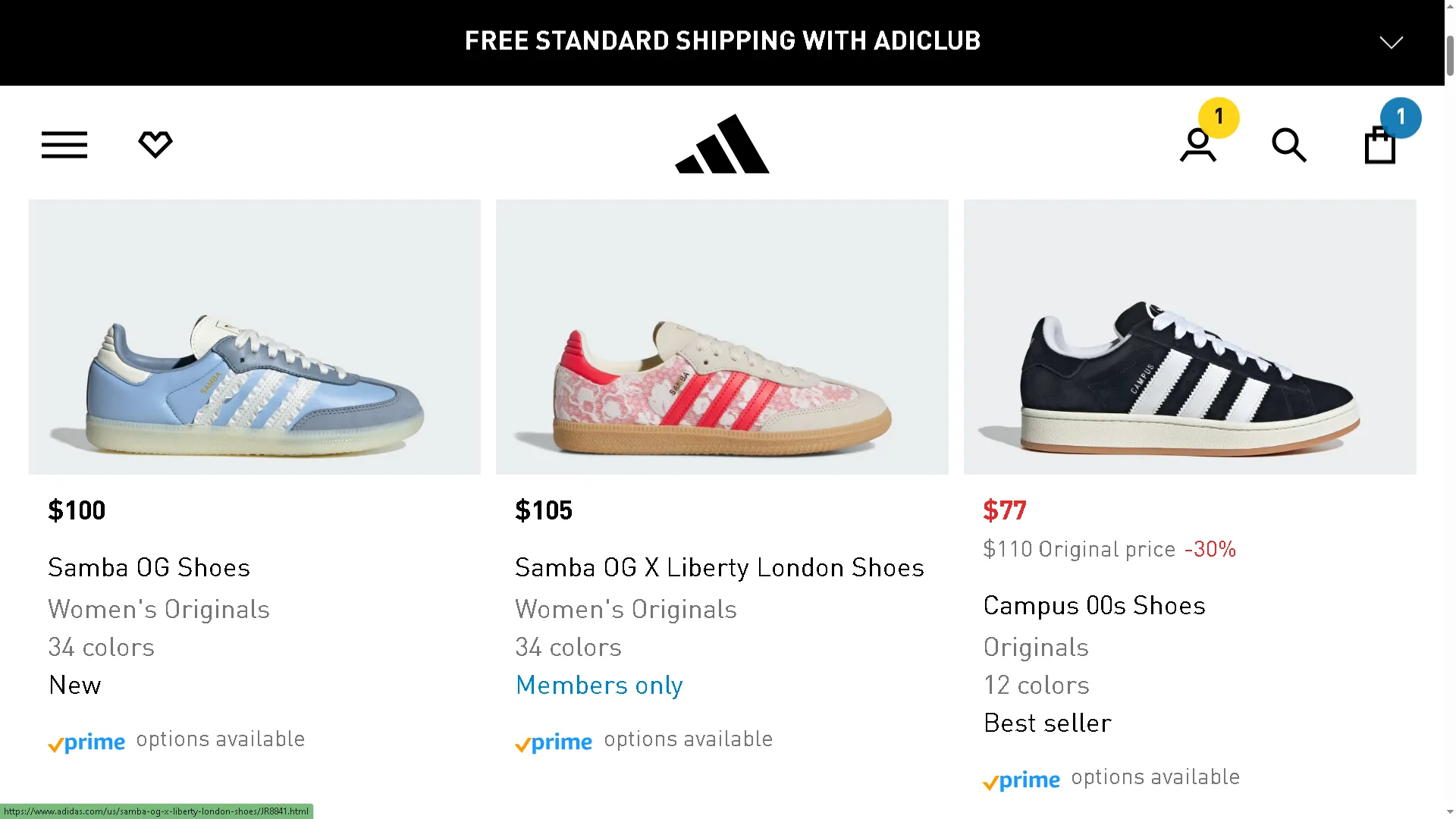 Giày Adidas nữ và logo Amazon Prime cho tính năng Buy with Prime