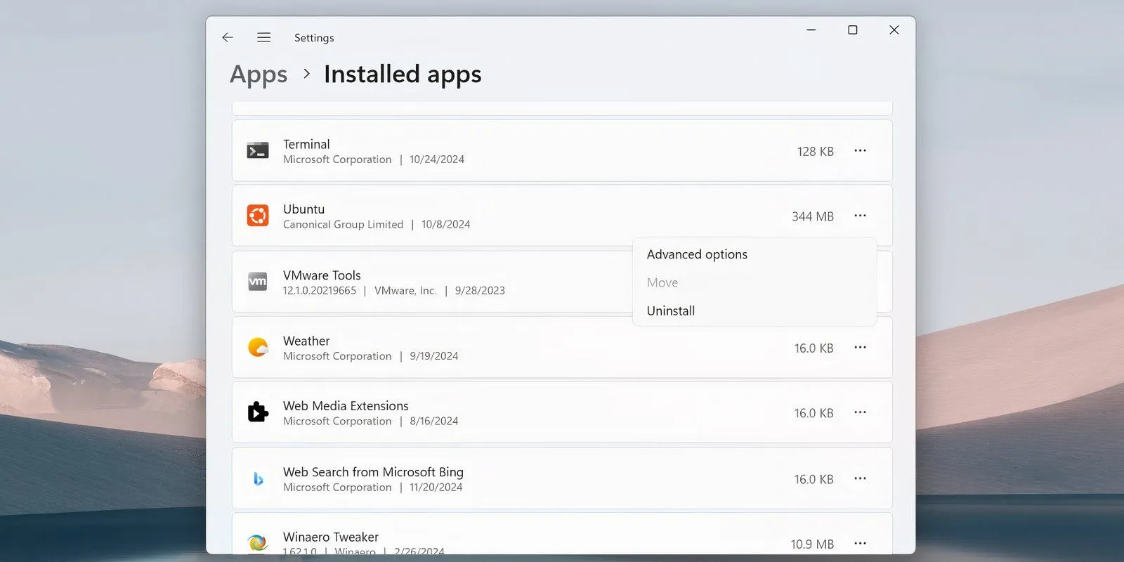 Gỡ cài đặt bản phân phối Ubuntu từ danh sách Ứng dụng đã cài đặt trong Settings của Windows 11