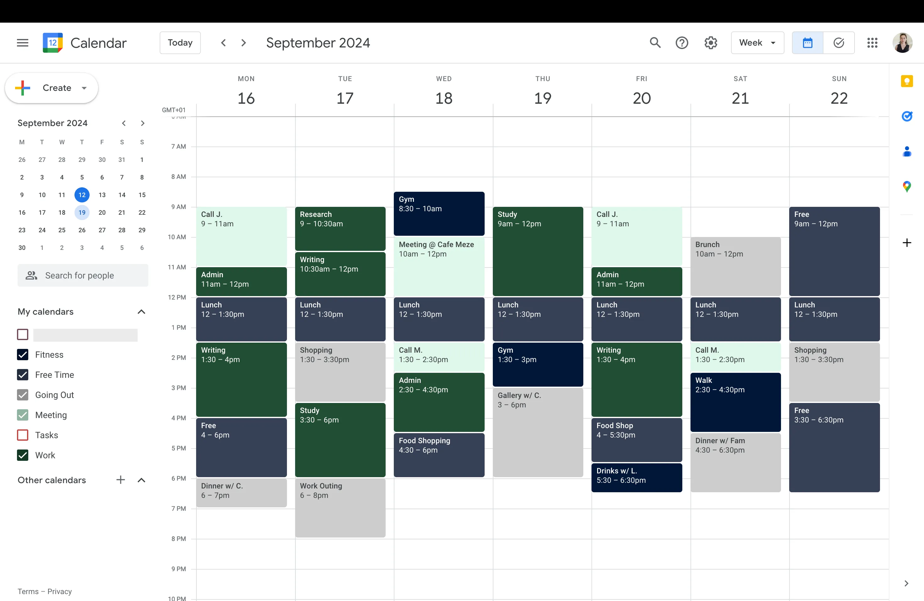 Google Calendar với giao diện tùy chỉnh màu tối