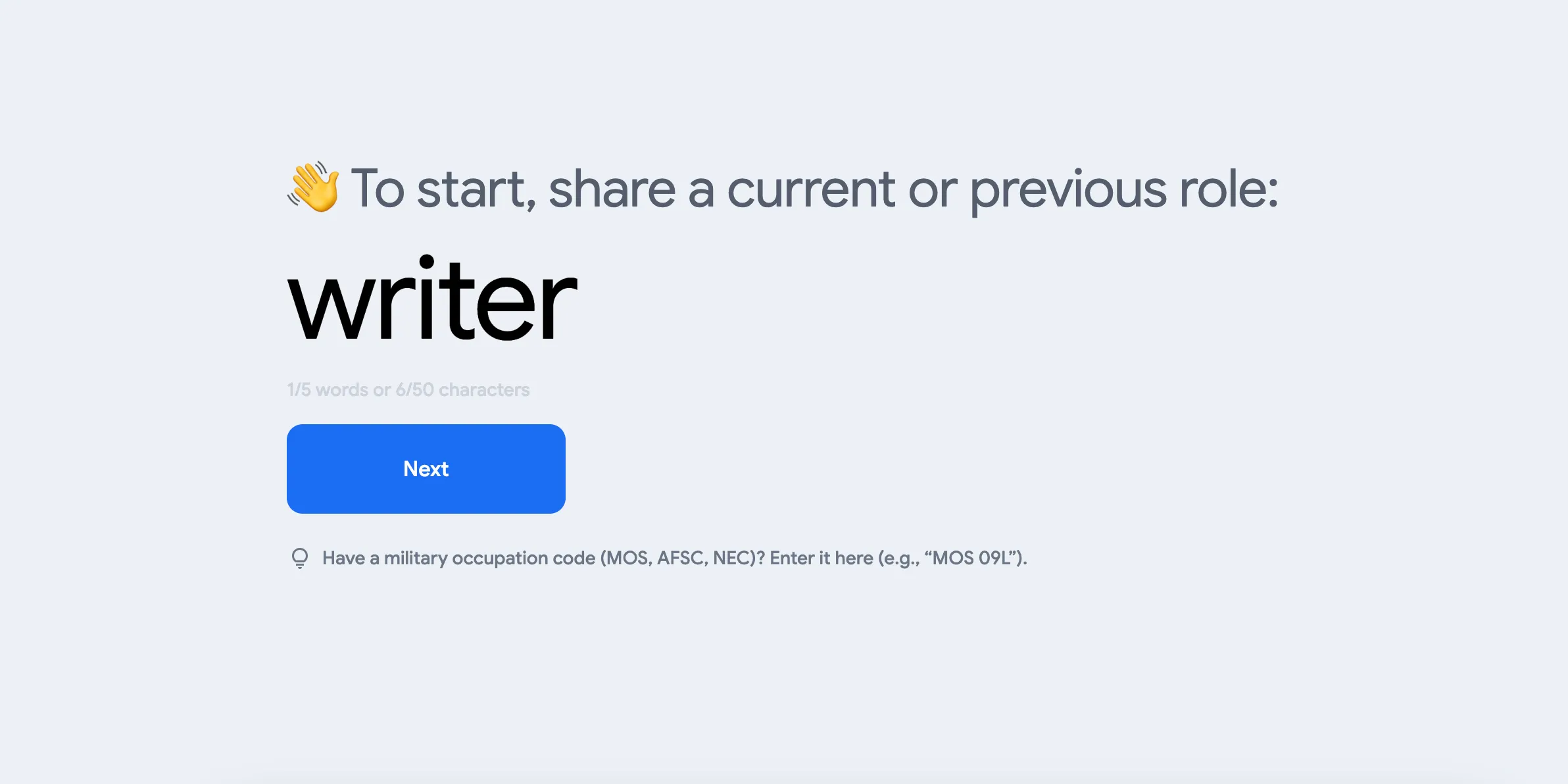 Google Career Dreamer yêu cầu người dùng nhập vai trò hoặc nghề nghiệp trước đây để bắt đầu