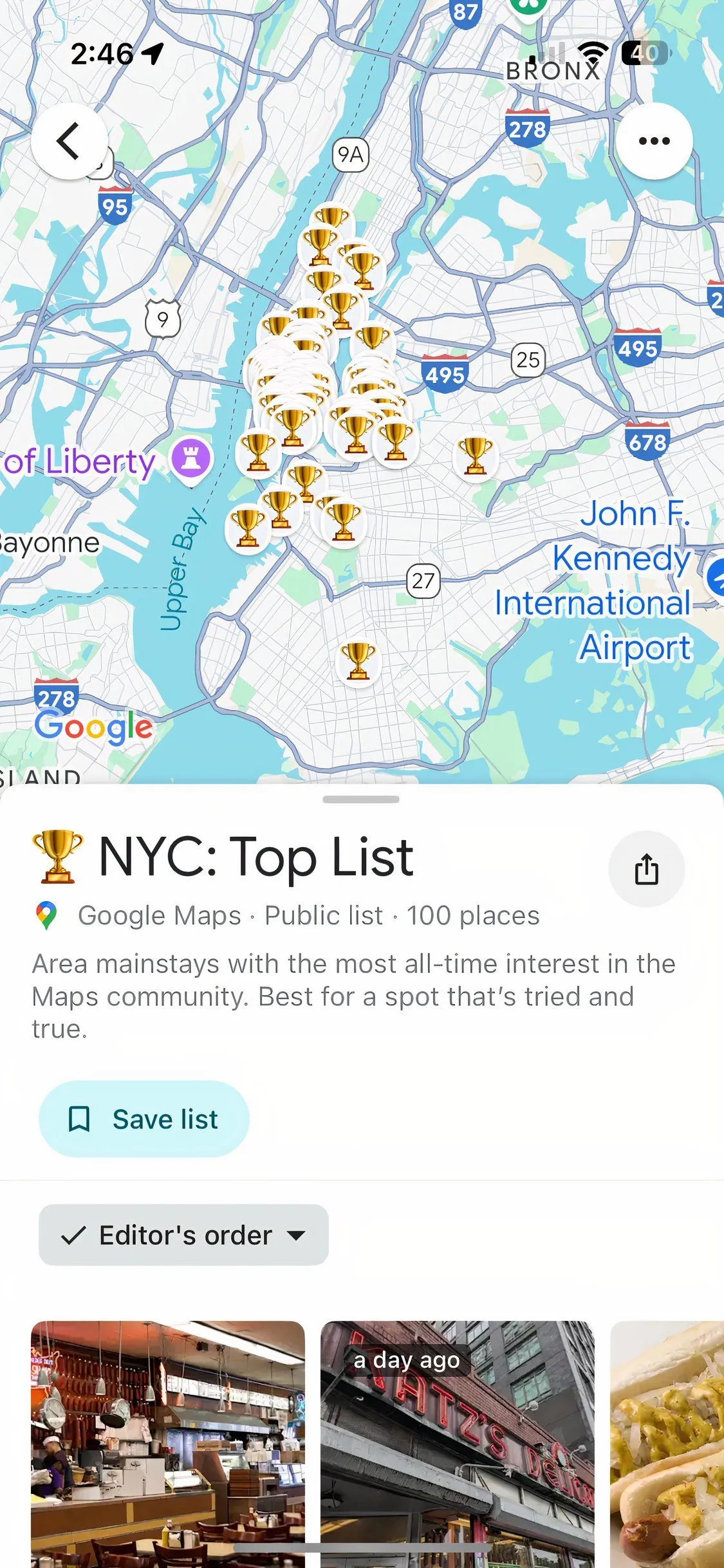 Google Maps: Ví dụ danh sách các địa điểm nổi bật tại NYC