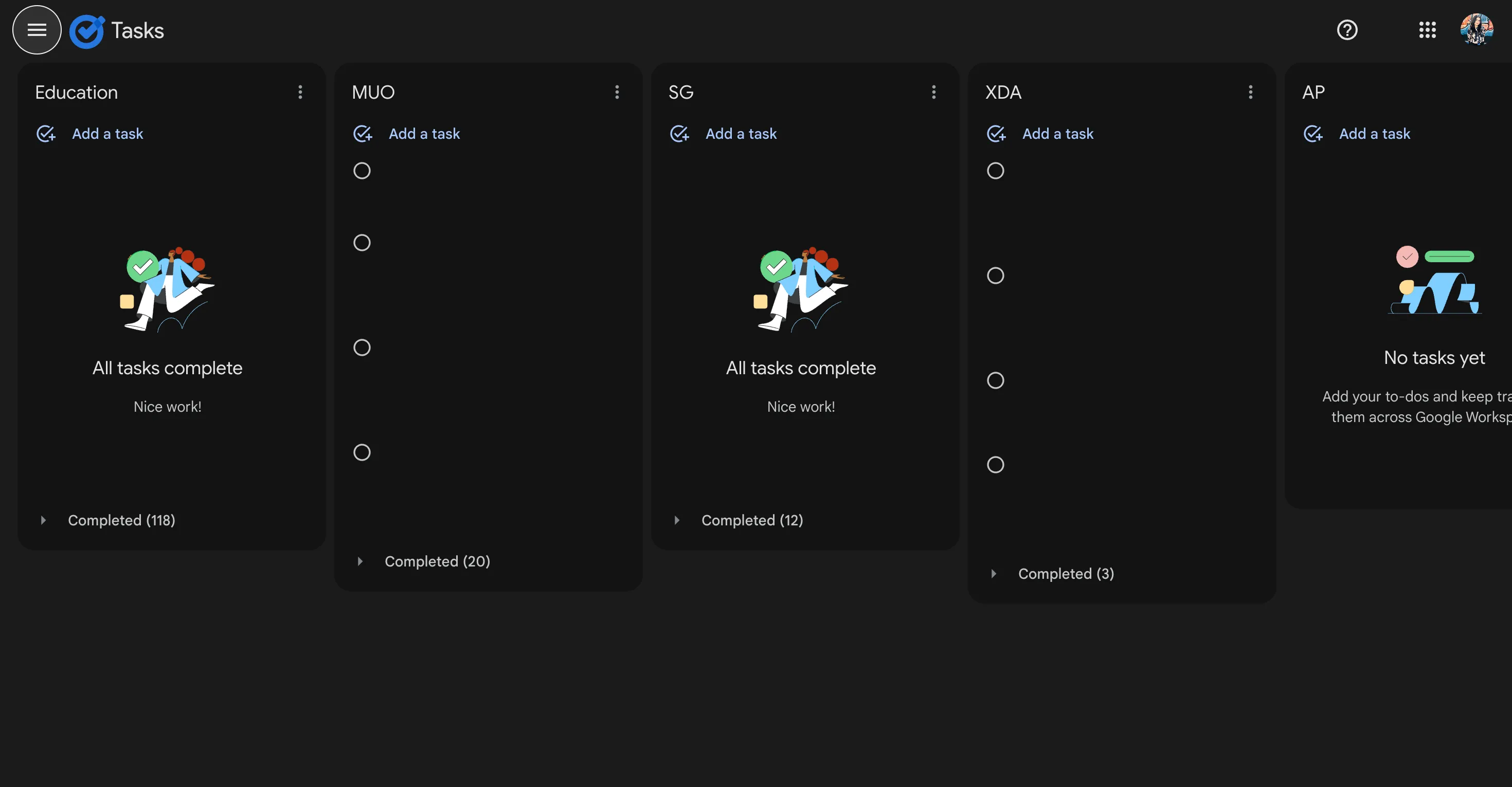 Google Tasks cho phép tạo các danh sách công việc riêng biệt