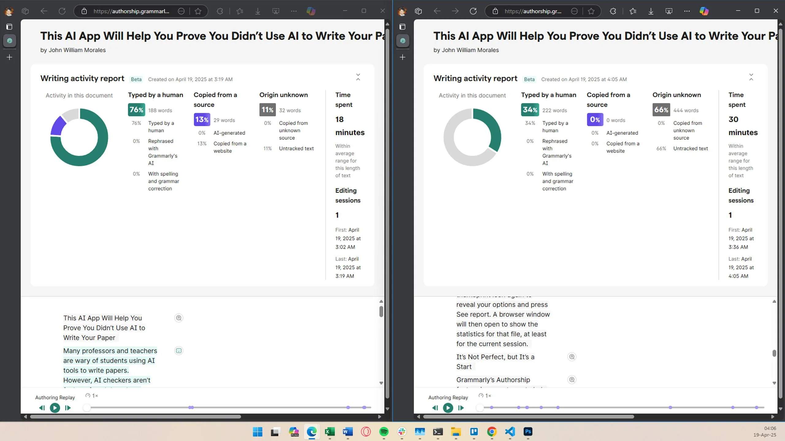 Grammarly Authorship hiển thị văn bản 'Origin unknown' khi mở lại tệp
