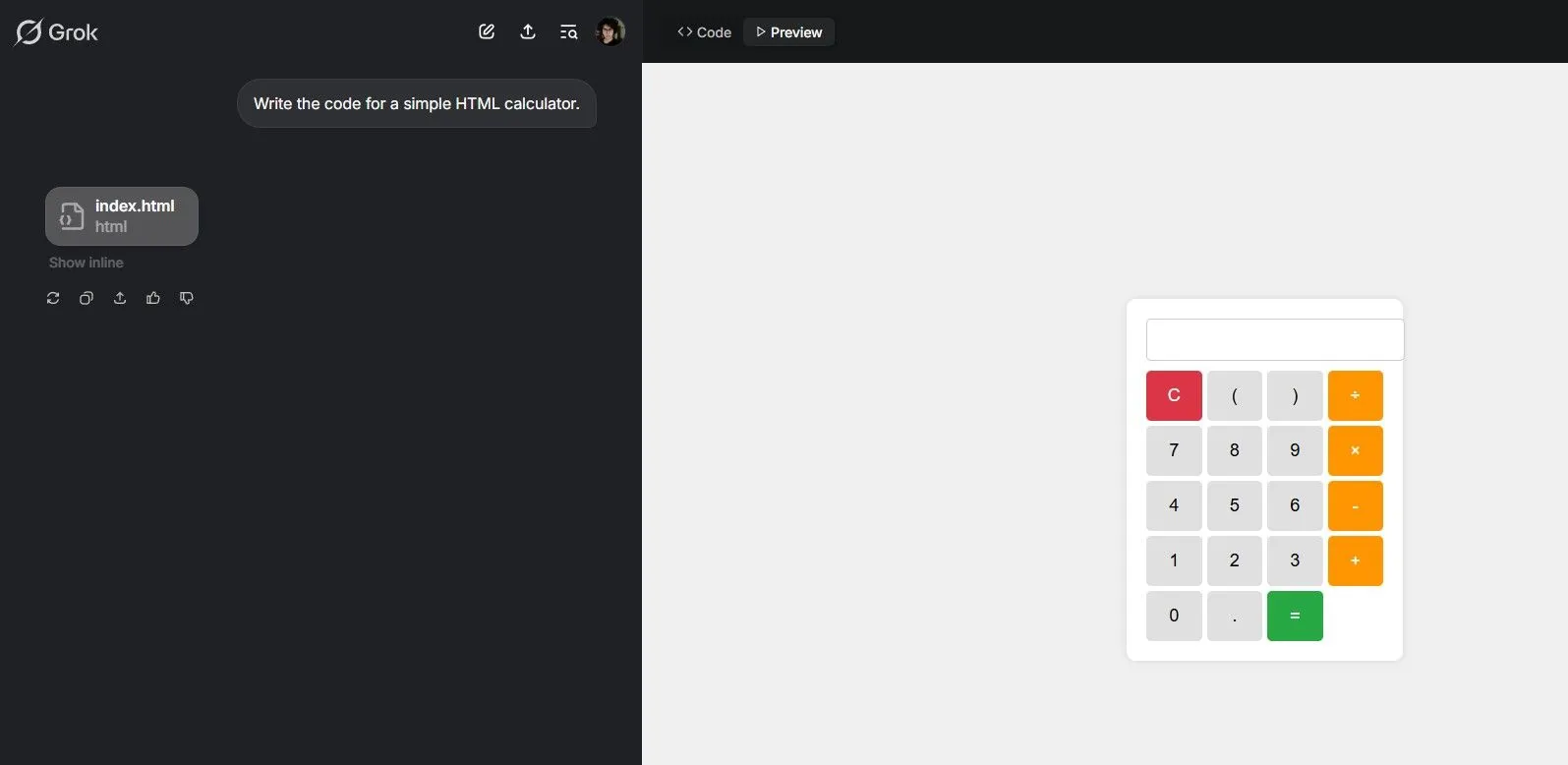 Grok Studio hiển thị mã HTML và kết quả trong cửa sổ xem trước