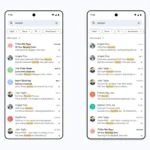 Hai thiết bị di động minh họa kết quả tìm kiếm Gmail được cải thiện nhờ tính năng "Liên quan nhất" của AI