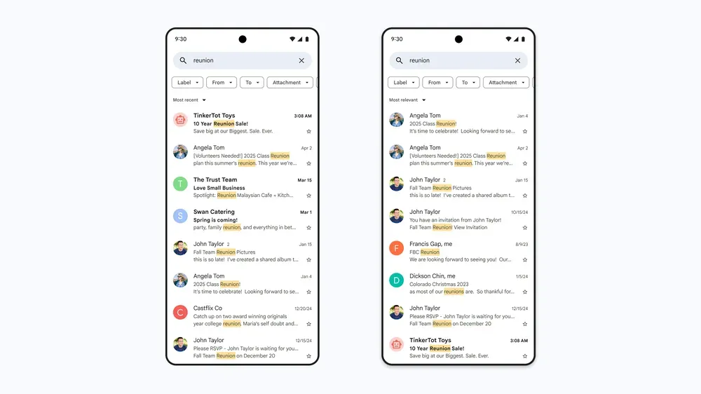 Hai thiết bị di động minh họa kết quả tìm kiếm Gmail được cải thiện nhờ tính năng "Liên quan nhất" của AI