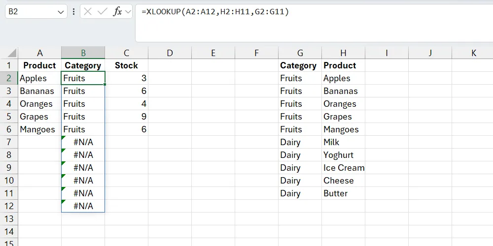 Hàm XLOOKUP trong Excel trả về lỗi #N/A khi dải tìm kiếm có ô trống