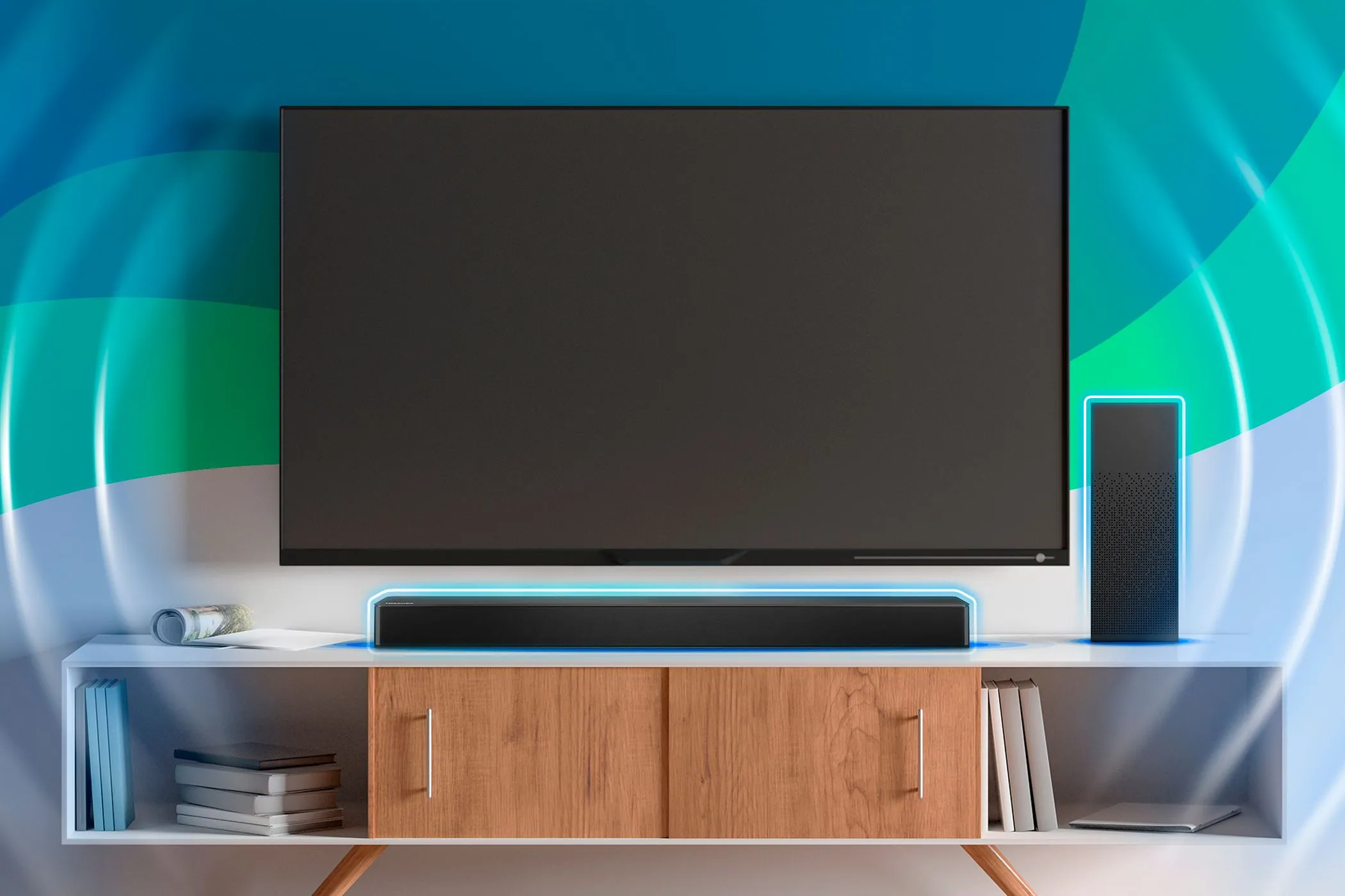 Hệ thống giải trí tại gia với TV và soundbar gắn trên tường