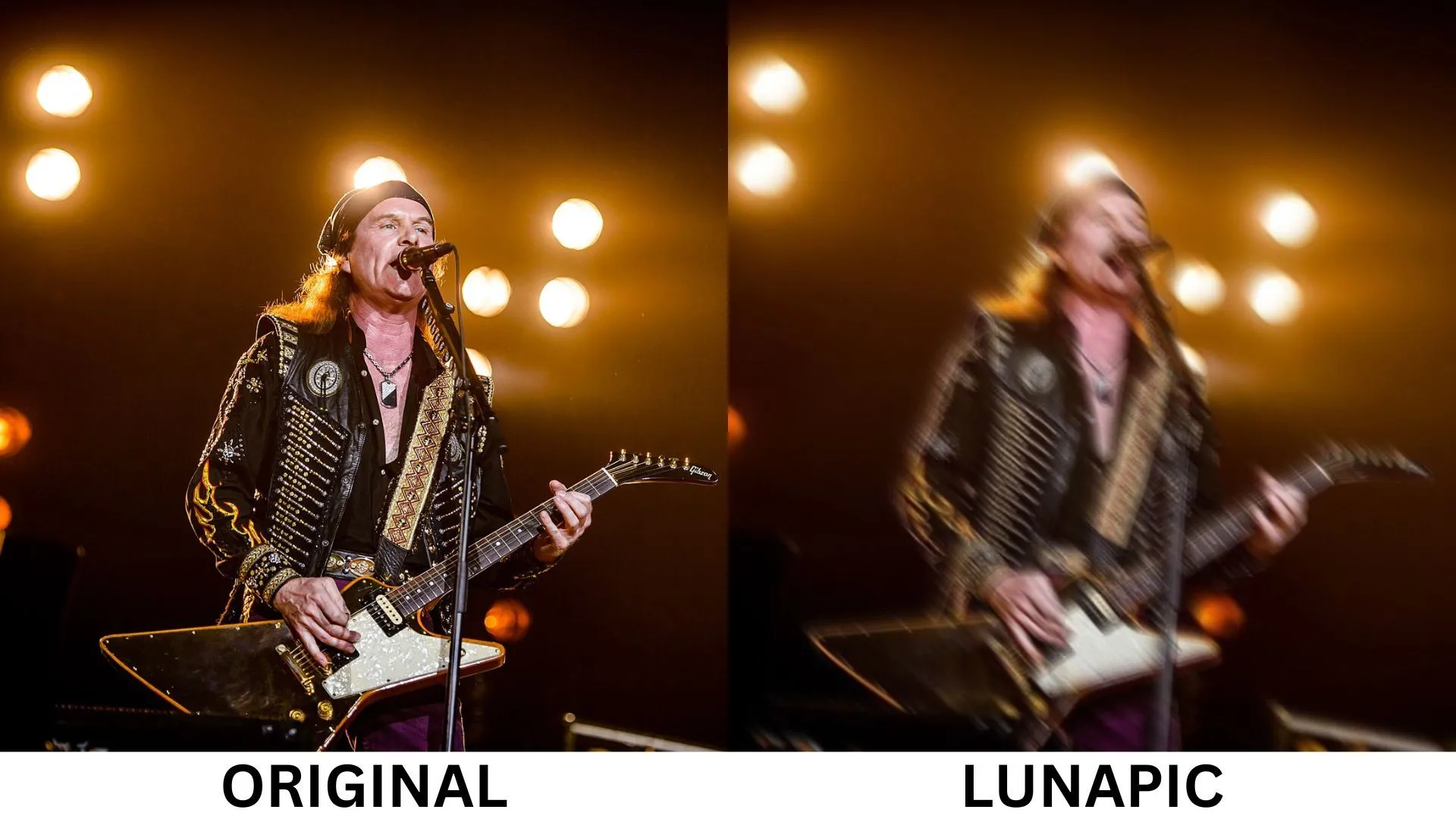 Hiệu ứng Motion Blur toàn bộ ảnh mang phong cách nghệ thuật cổ điển do LunaPic tạo ra, với hình ảnh ca sĩ và ánh đèn sân khấu hòa quyện tạo cảm giác chuyển động mạnh.