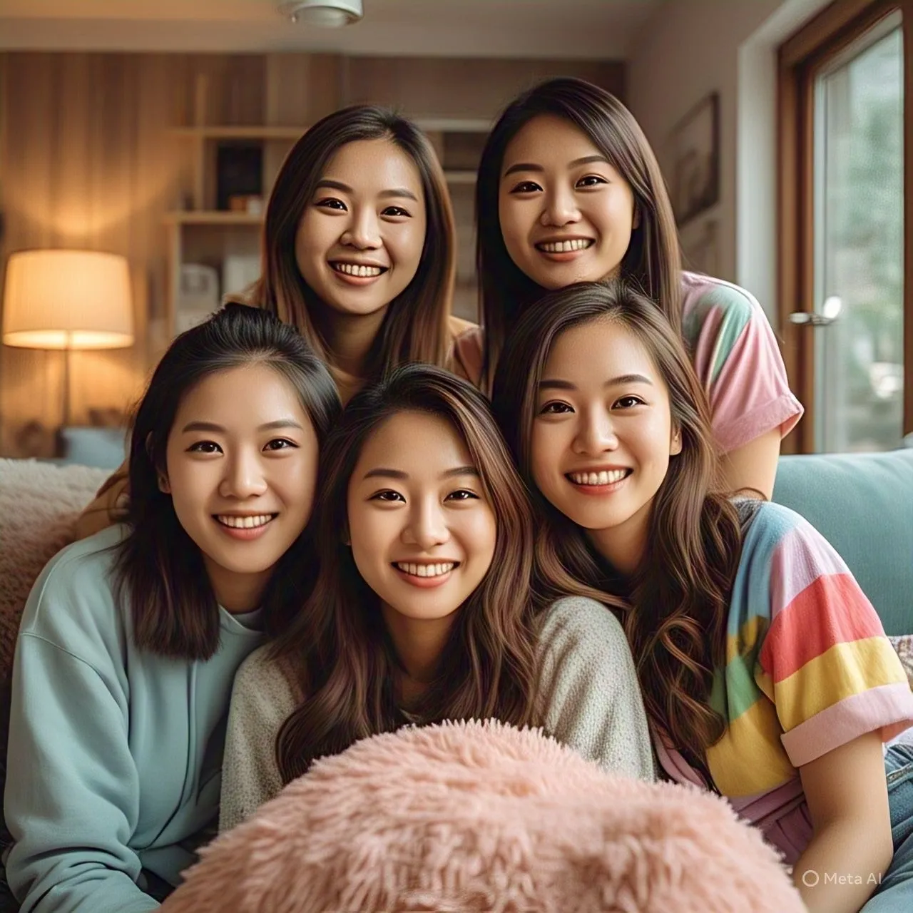 Hình ảnh AI về bốn phụ nữ trẻ cười, da quá mịn và giống nhựa