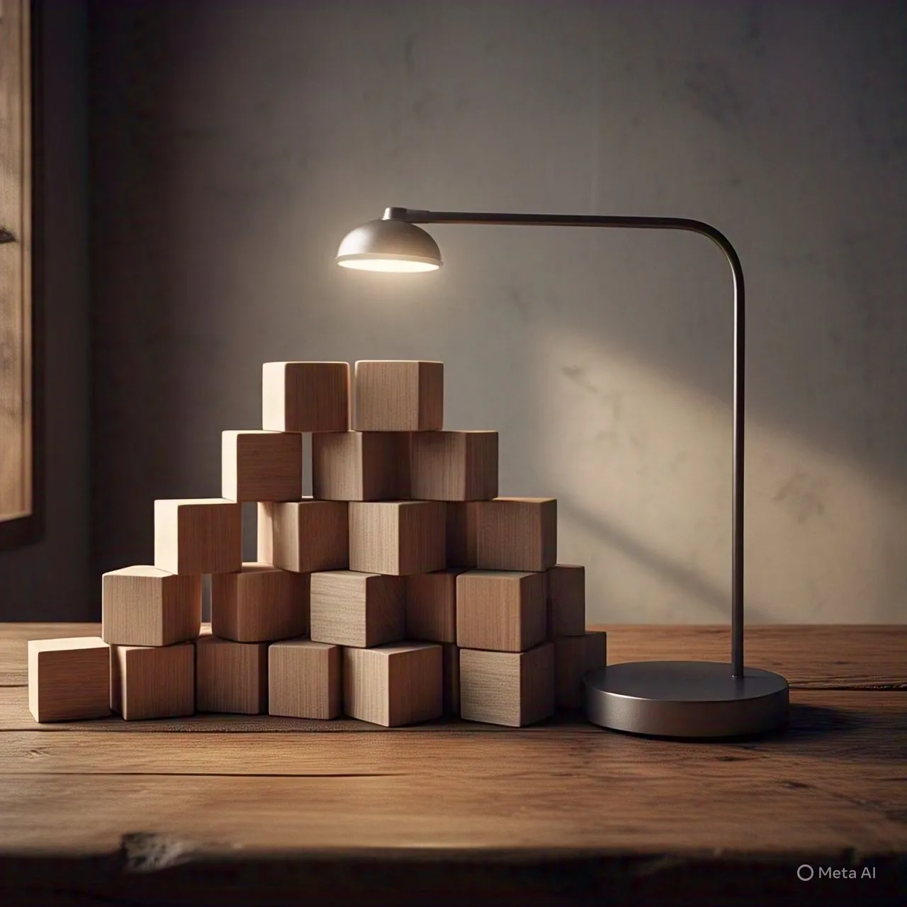 Hình ảnh AI về chồng khối gỗ dưới đèn, ánh sáng và bóng đổ sai logic