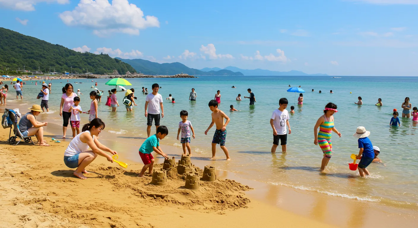 Hình ảnh AI về một đám đông người đang chơi trên bãi biển, các nhân vật nền bị biến dạng