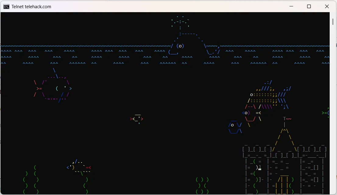Hình ảnh bể cá động dưới dạng ký tự ASCII trong Command Prompt trên Windows.