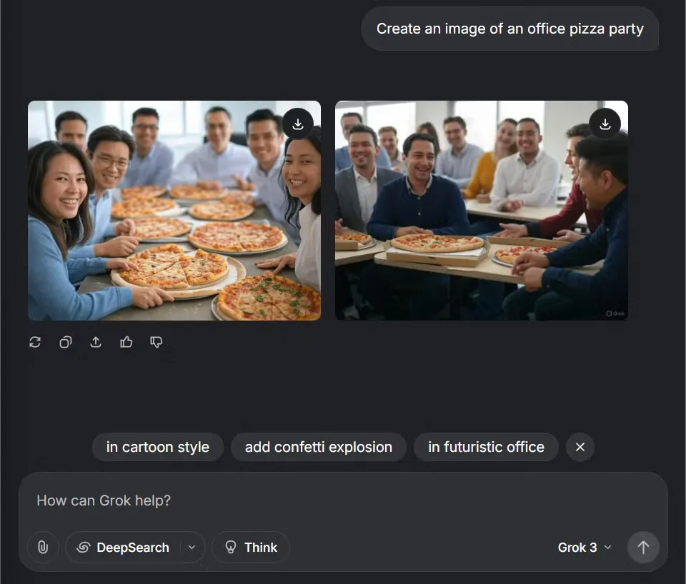 Hình ảnh bữa tiệc pizza được tạo bởi Grok Aurora, minh họa khả năng tạo ảnh chân thực của Grok