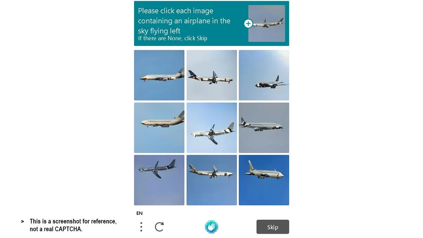 Hình ảnh CAPTCHA máy bay bay sang trái do AI tạo ra