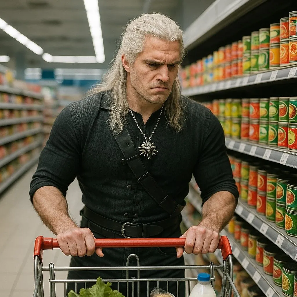 Hình ảnh chân thực Geralt of Rivia (Henry Cavill) cau mày nhìn đồ hộp trong siêu thị, do ChatGPT 4o tạo ra.