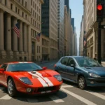 Hình ảnh chất lượng cao được tạo bởi công cụ AI của ChatGPT, minh họa chiếc Ford GT 2006 và Peugeot 206 dừng đèn đỏ