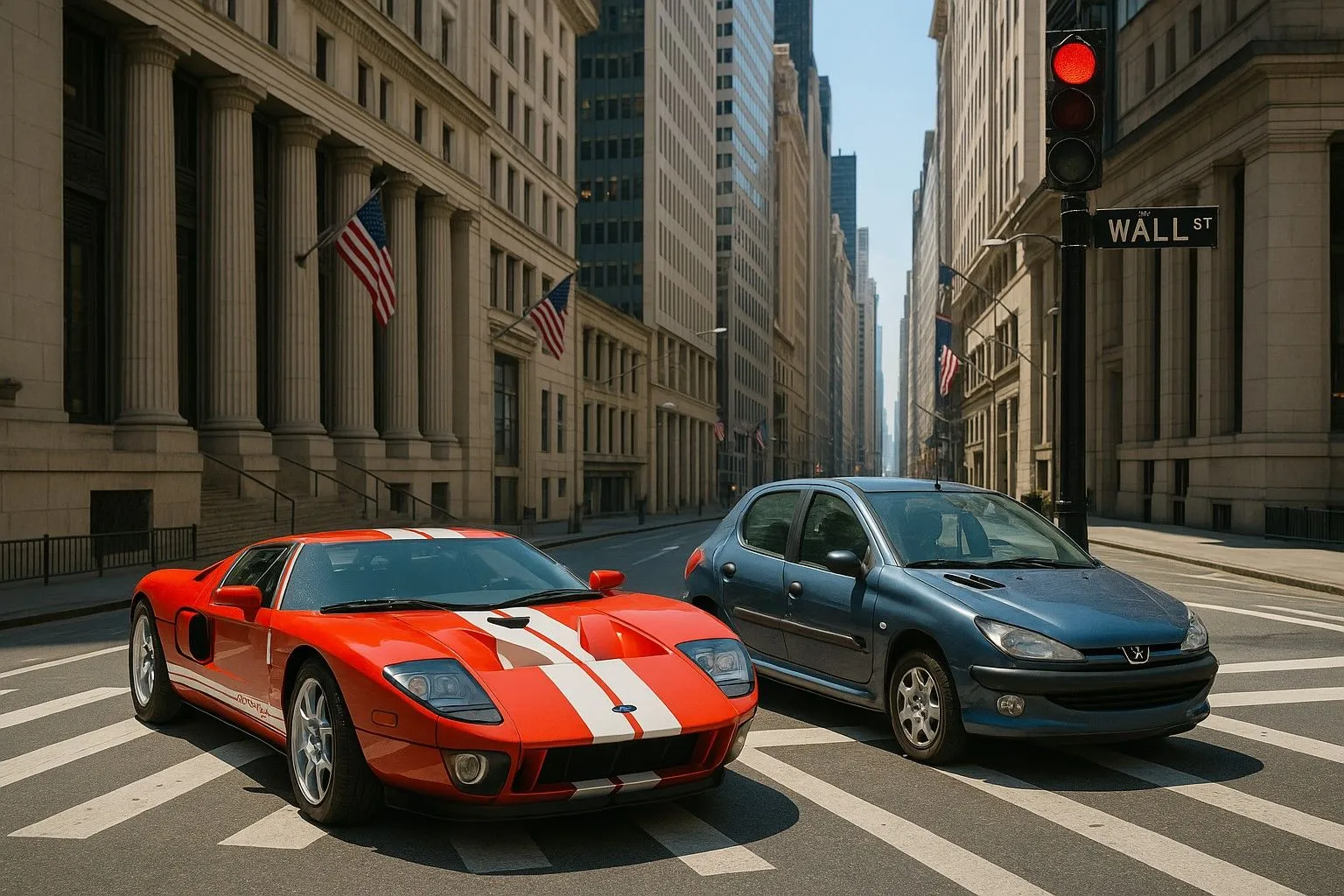 Hình ảnh chất lượng cao được tạo bởi công cụ AI của ChatGPT, minh họa chiếc Ford GT 2006 và Peugeot 206 dừng đèn đỏ