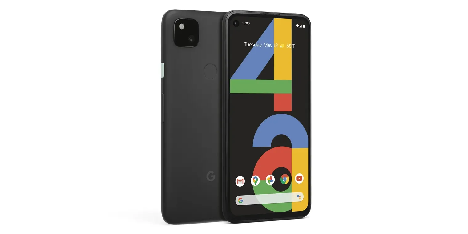 Hình ảnh điện thoại Google Pixel 4a hiển thị mặt trước và mặt sau