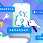 Hình ảnh điện thoại với các biểu tượng mật khẩu, khóa và chìa khóa, minh họa rủi ro rò rỉ dữ liệu và bảo mật tài khoản trực tuyến.