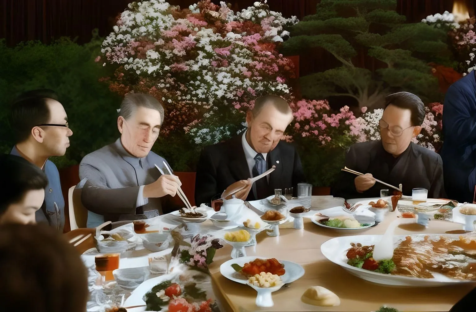 Hình ảnh do AI tạo ra mô tả cựu tổng thống Richard Nixon đang ăn tại một nhà hàng, xung quanh là các quan chức Trung Quốc.