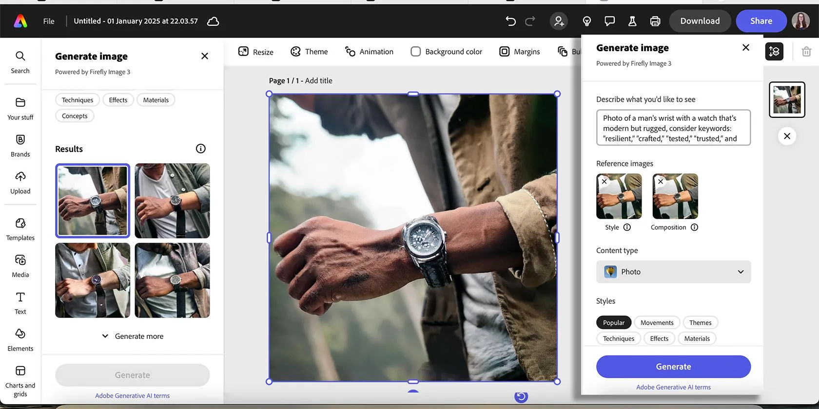 Hình ảnh đồng hồ đeo tay được tạo bằng Adobe Express AI, xuất hiện lỗi ở bàn tay không tự nhiên.