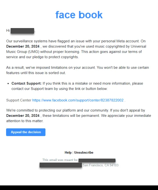 Hình ảnh email giả mạo Facebook yêu cầu bản quyền để lừa đảo người dùng