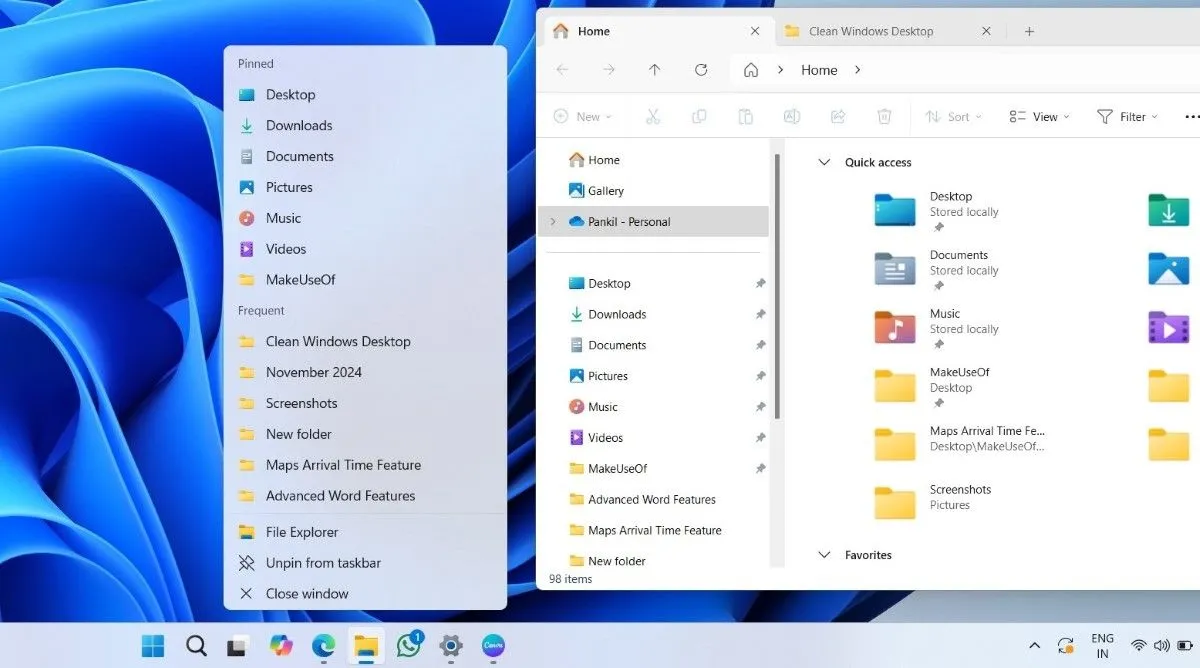 Hình ảnh menu Jump List của Thanh tác vụ (Taskbar) hiển thị các thư mục đã ghim vào Quick Access và cửa sổ File Explorer đang mở, giúp người dùng truy cập thư mục nhanh chóng.