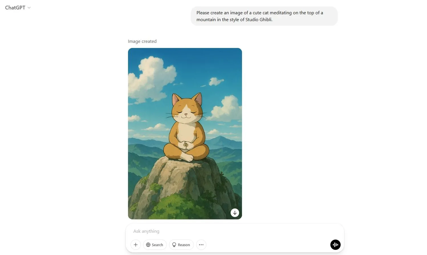 Hình ảnh mèo thiền trên núi được tạo bằng ChatGPT GPT-4o theo phong cách Studio Ghibli
