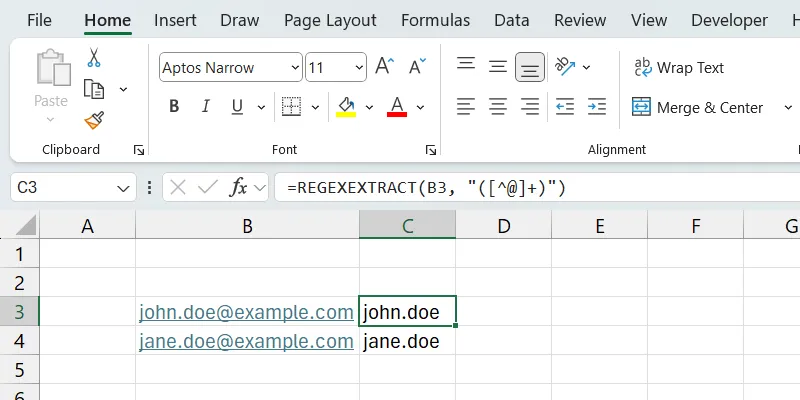 Hình ảnh minh họa cách sử dụng hàm REGEXEXTRACT trong Excel để trích xuất phần tên người dùng (&quot;john.doe&quot;) từ địa chỉ email.