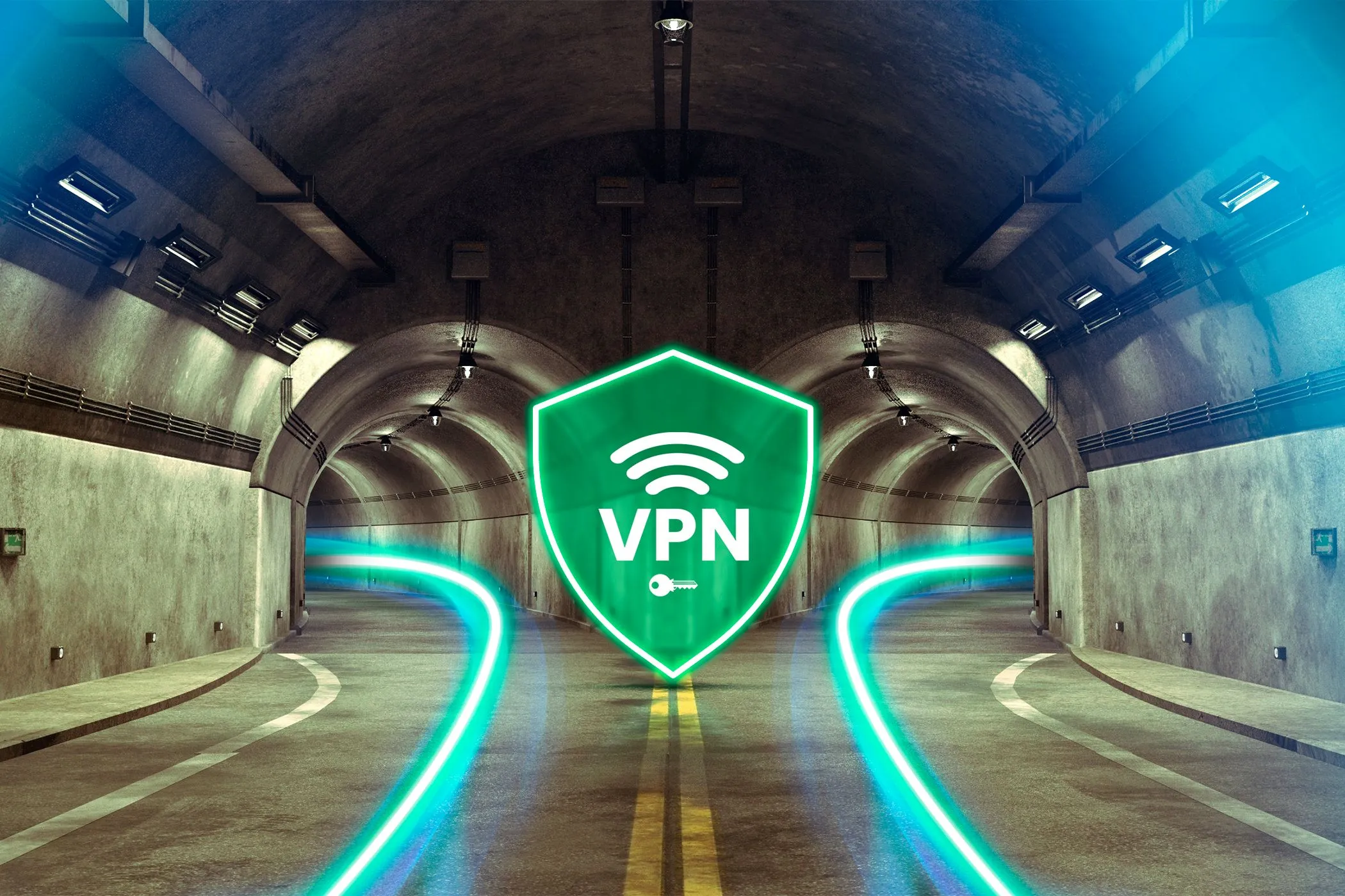 Hình ảnh minh họa đường hầm phân nhánh hai lối đi với biểu tượng VPN ở giữa, tượng trưng cho tính năng Split Tunneling.