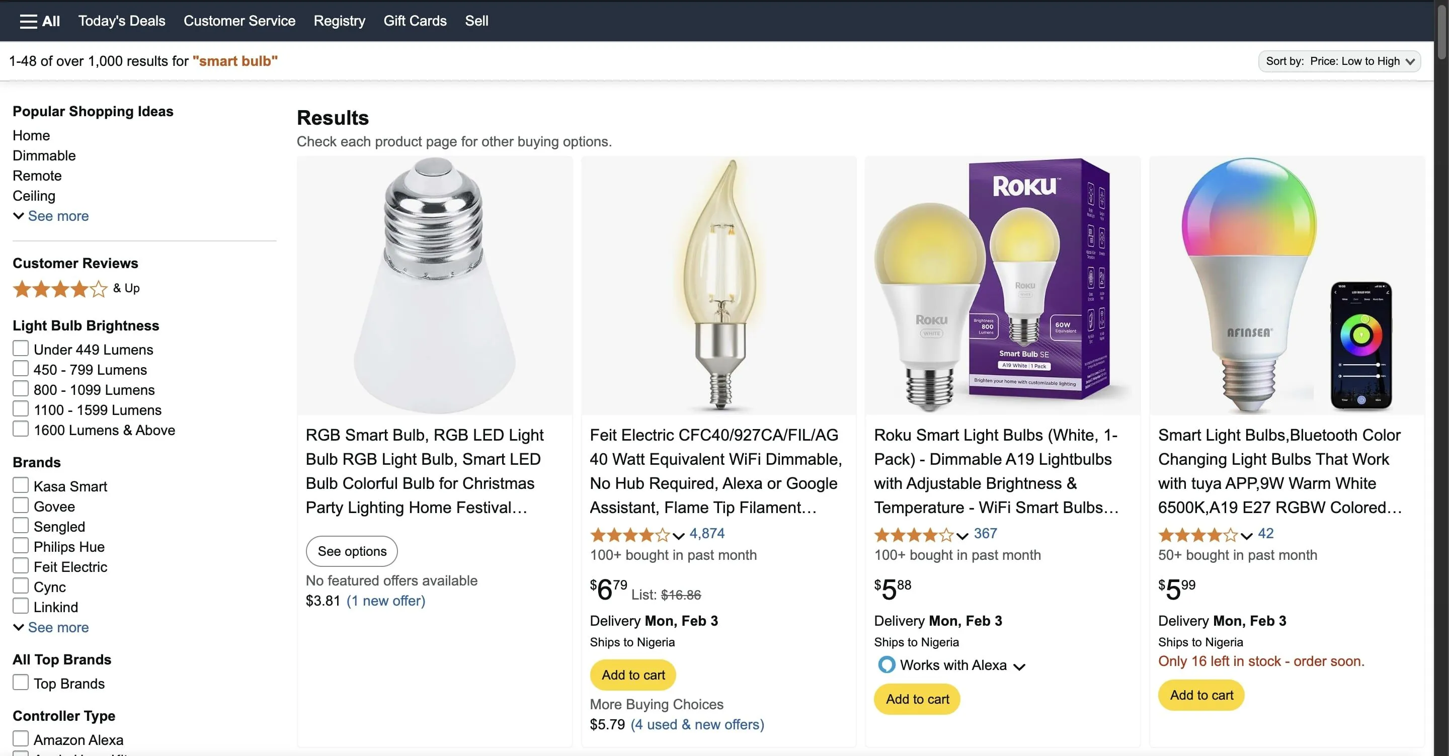 Hình ảnh minh họa giá bóng đèn thông minh giá rẻ trên Amazon, hiển thị mức giá hấp dẫn
