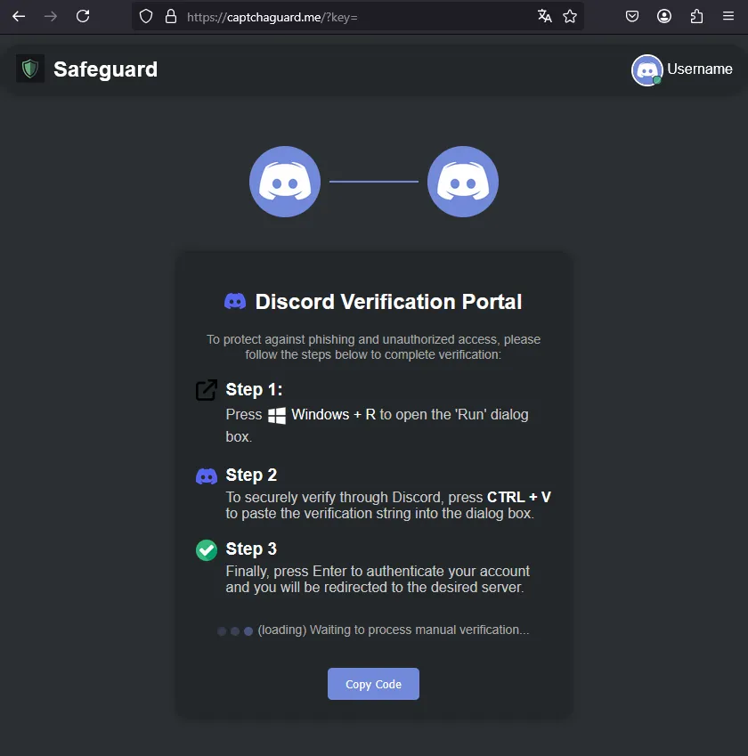 Hình ảnh minh họa kỹ thuật lừa đảo social engineering qua Discord, yêu cầu người dùng chạy lệnh PowerShell để cài đặt mã độc ClickFix.