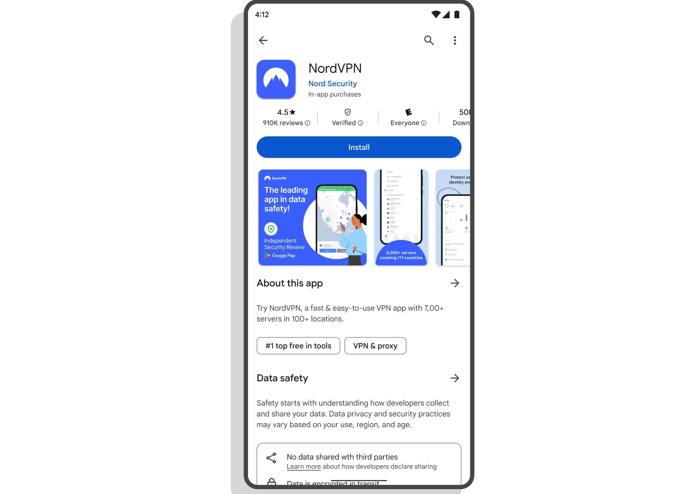 Hình ảnh minh họa trang thông tin ứng dụng VPN có huy hiệu "Đã xác minh" trên Google Play