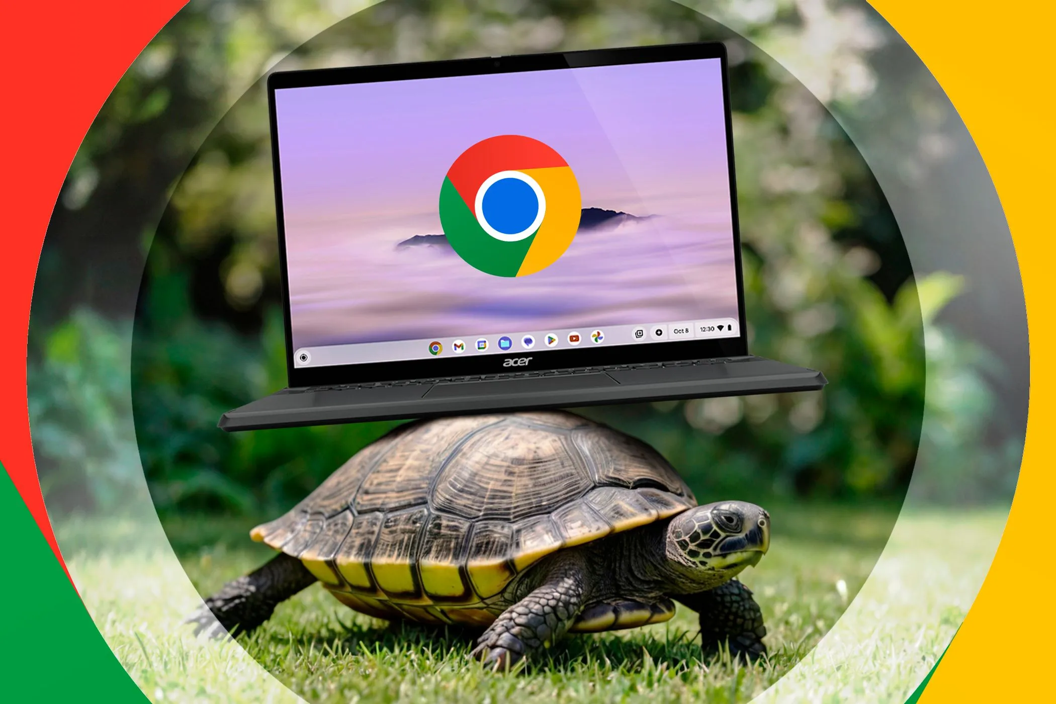 Hình ảnh một con rùa cõng chiếc Chromebook trên mai, tượng trưng cho hiệu năng chậm chạp khi Chromebook phải xử lý tác vụ nặng.
