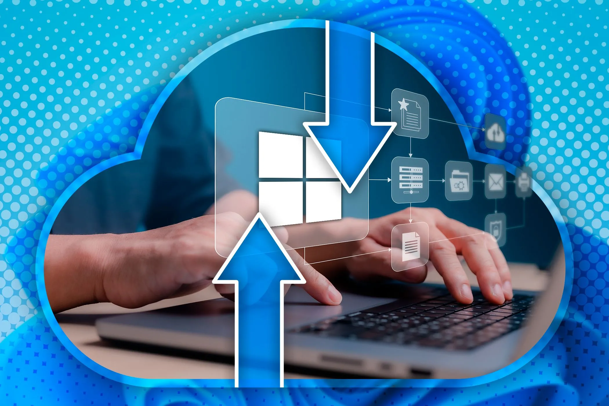 Hình ảnh một người dùng laptop với các biểu tượng sao lưu dữ liệu, nhấn mạnh tầm quan trọng của việc sao lưu để chống lại ransomware.