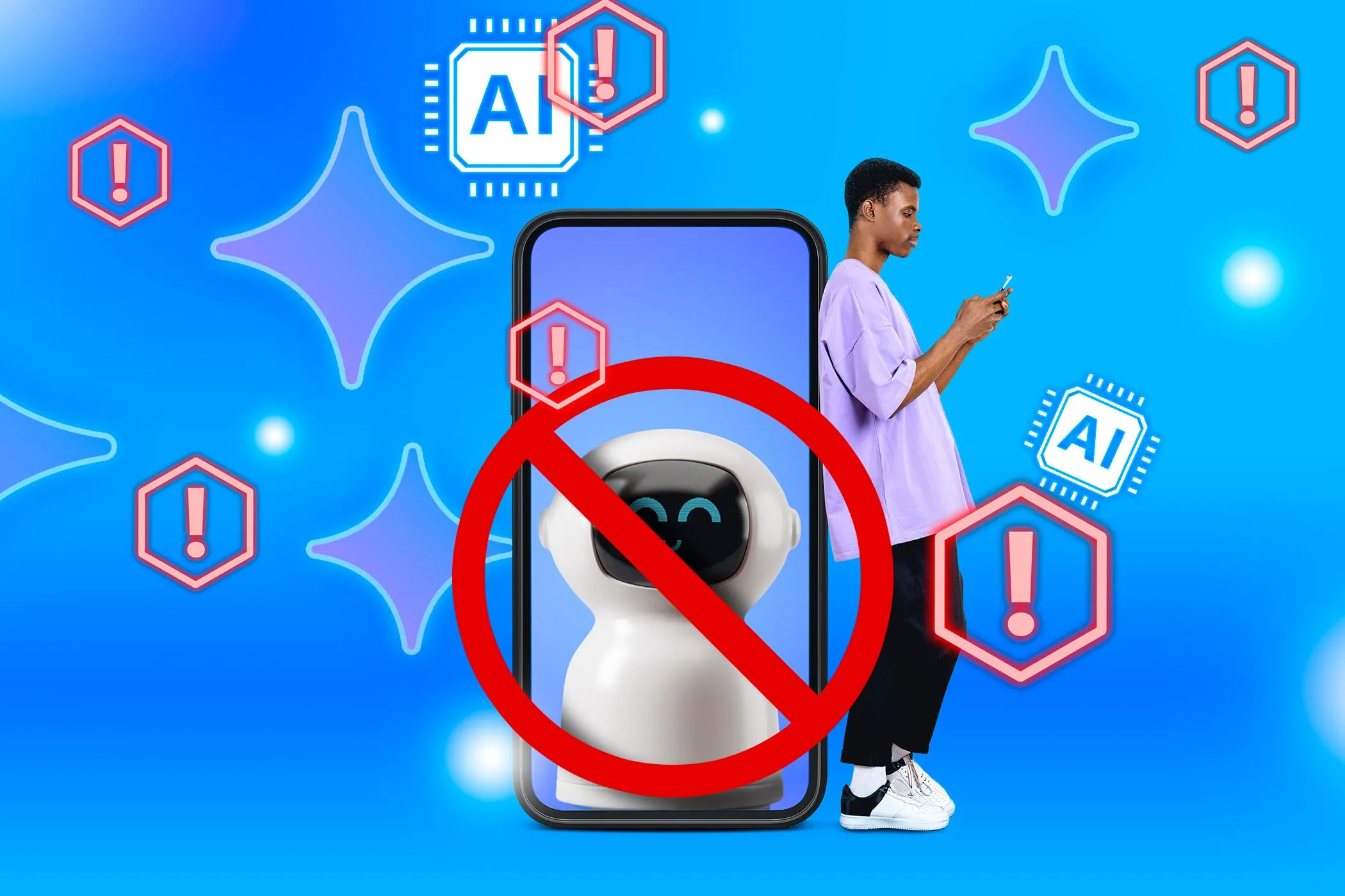 Hình ảnh người đàn ông sử dụng điện thoại và biểu tượng cấm robot, minh họa cho những giới hạn và thách thức của AI Agent hiện tại.