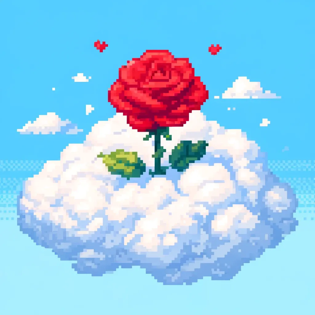 Hình ảnh pixel art một bông hồng đỏ trên đám mây trắng, được tạo bởi DALL-E/ChatGPT