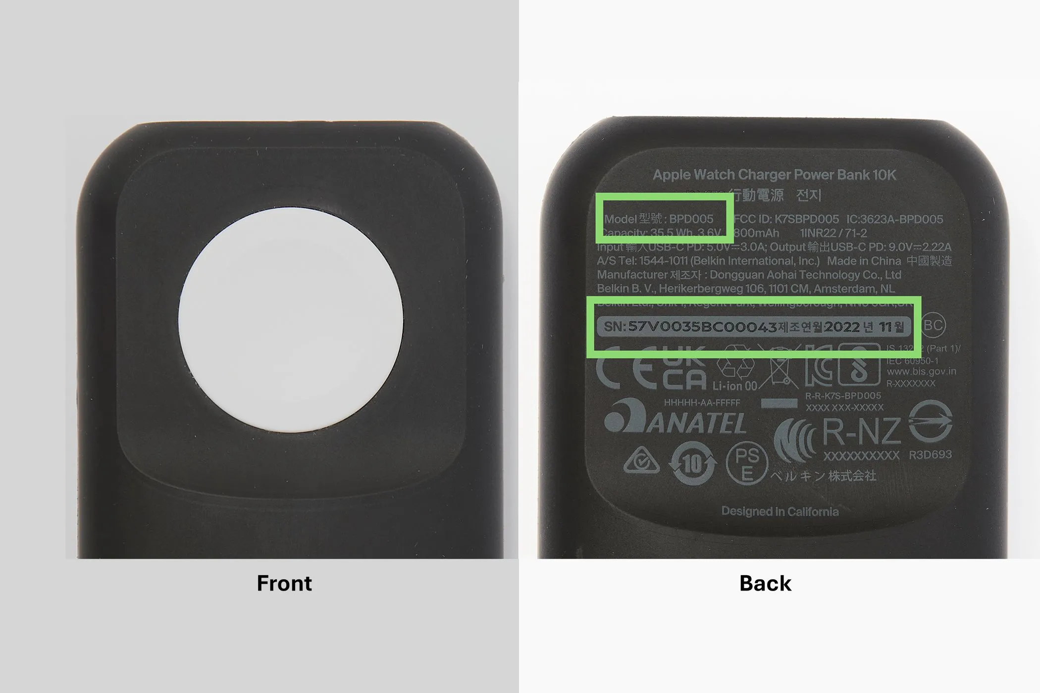 Hình ảnh sạc dự phòng Belkin BoostCharge Pro 10K cho Apple Watch từ mặt trước và mặt sau, giúp nhận diện model BPD005 bị thu hồi