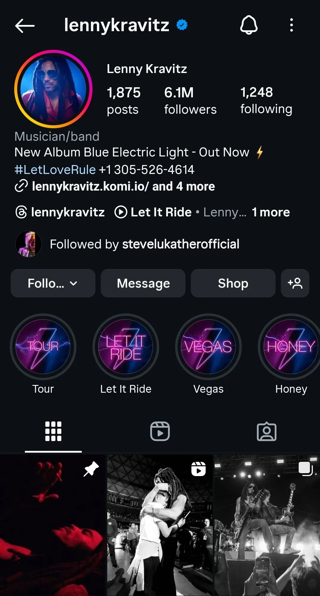 Hình ảnh trang Instagram của Lenny Kravitz, một nghệ sĩ người thật với sự tương tác phong phú, minh chứng cho sự khác biệt với các tài khoản nghệ sĩ AI.