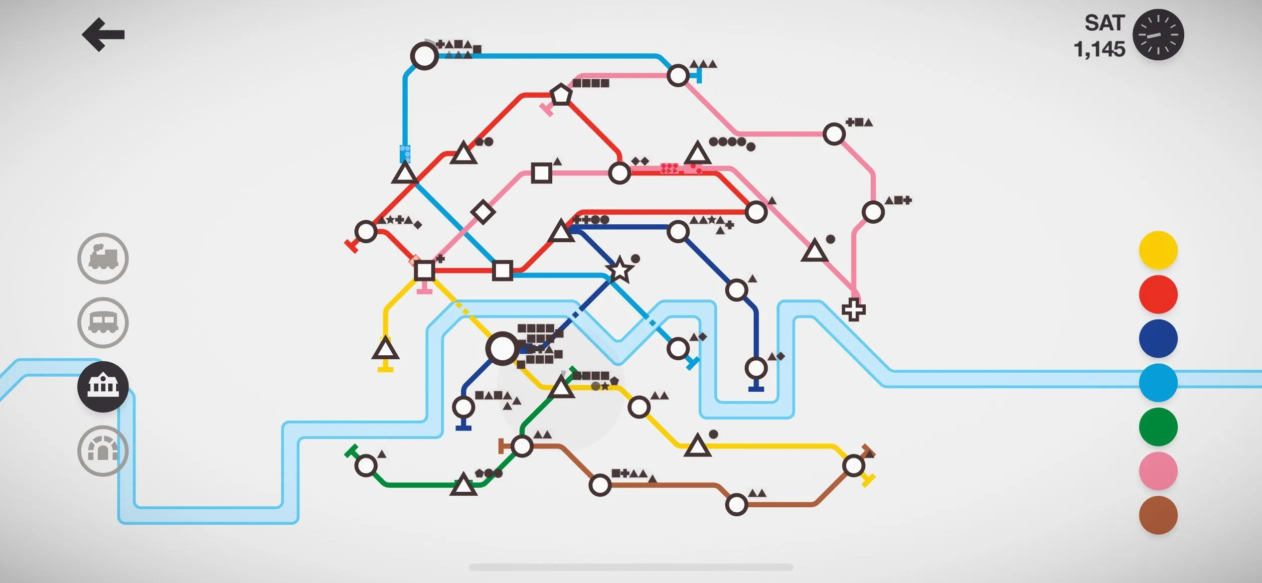 Hình ảnh trò chơi Mini Metro trên iPhone, một game đơn giản giúp thư giãn và giảm căng thẳng bằng cách xây dựng hệ thống đường sắt.