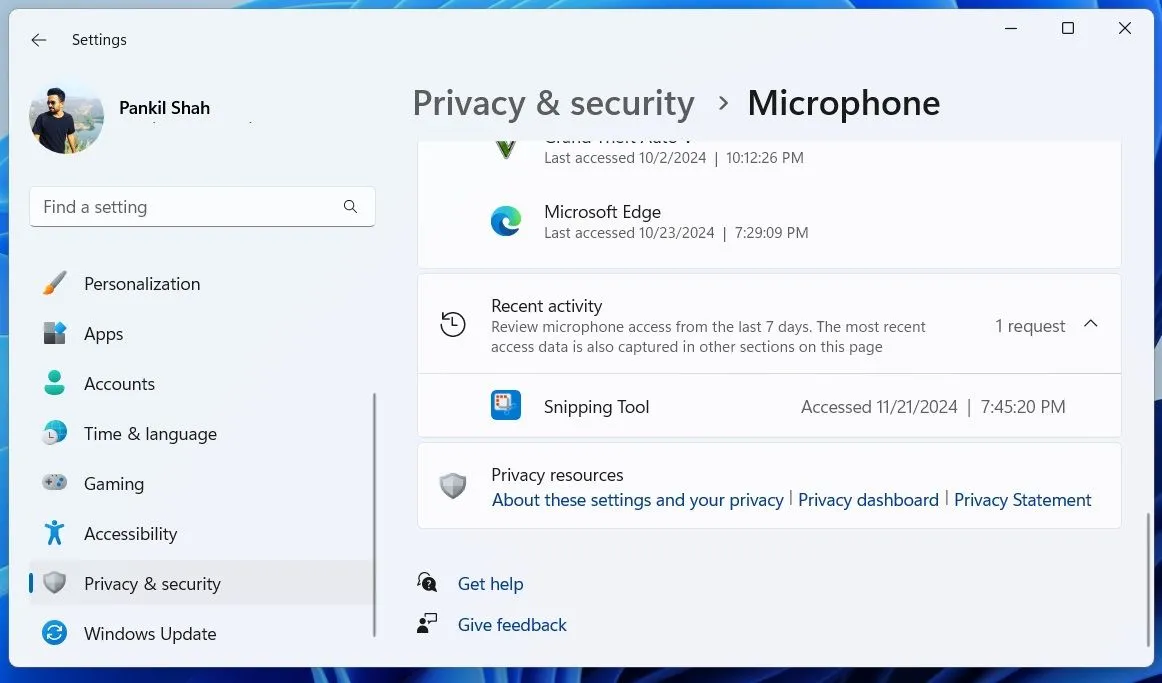 Hoạt động micro gần đây trong cài đặt Windows 11
