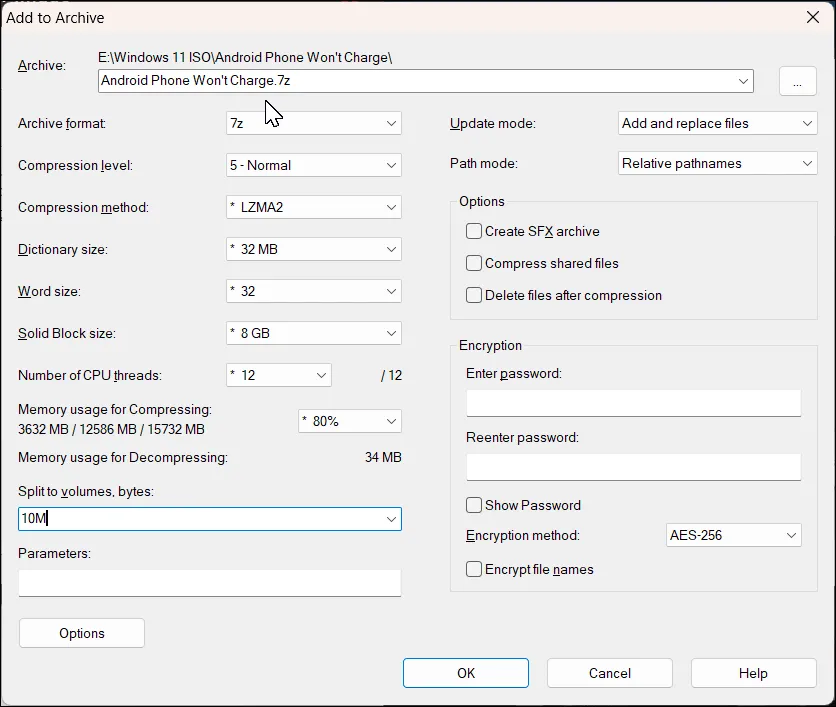 Hộp thoại Add to Archive của 7-Zip với tùy chọn chia nhỏ file trên Windows 11