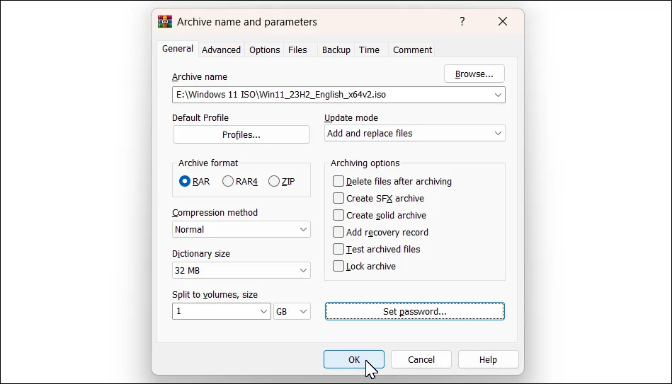 Hộp thoại Add to Archive của WinRAR trên Windows 11