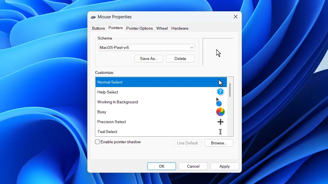 Hộp thoại cài đặt con trỏ chuột trên Windows 11